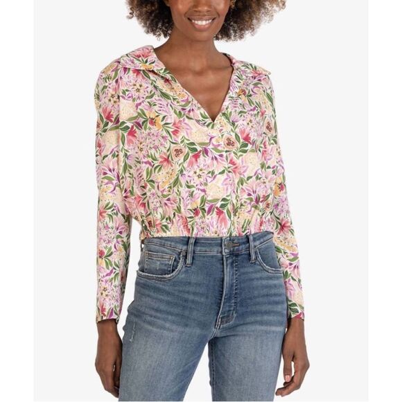 NWT KUT FROM THE KLOTH floral v-neck blouse in ivory/rose - Picture 1 of 12